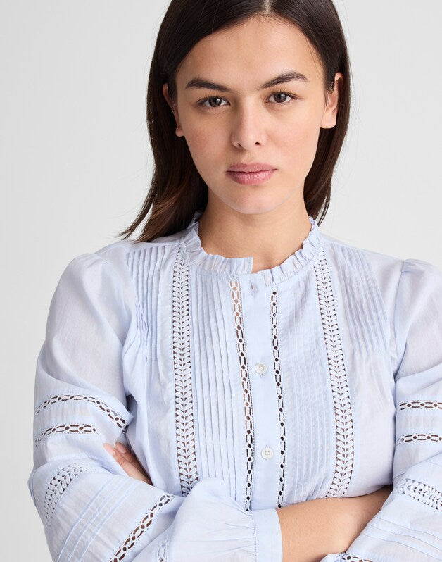 Lace-Insert High-Neck Pintuck Top SOFT BLUE