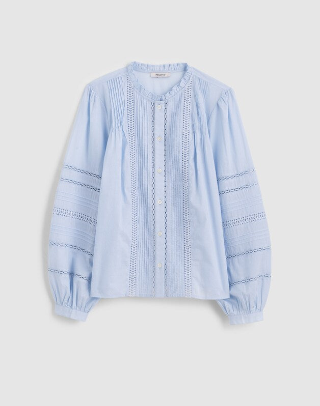 Lace-Insert High-Neck Pintuck Top SOFT BLUE