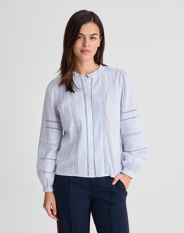 Lace-Insert High-Neck Pintuck Top SOFT BLUE