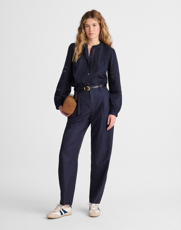 Lace-Insert High-Neck Pintuck Top CLASSIC NAVY