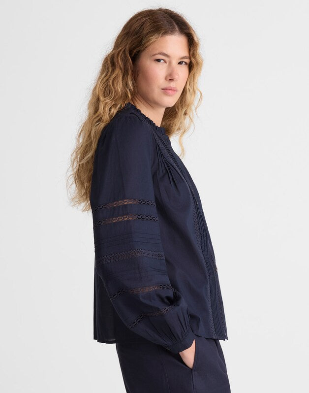Lace-Insert High-Neck Pintuck Top CLASSIC NAVY