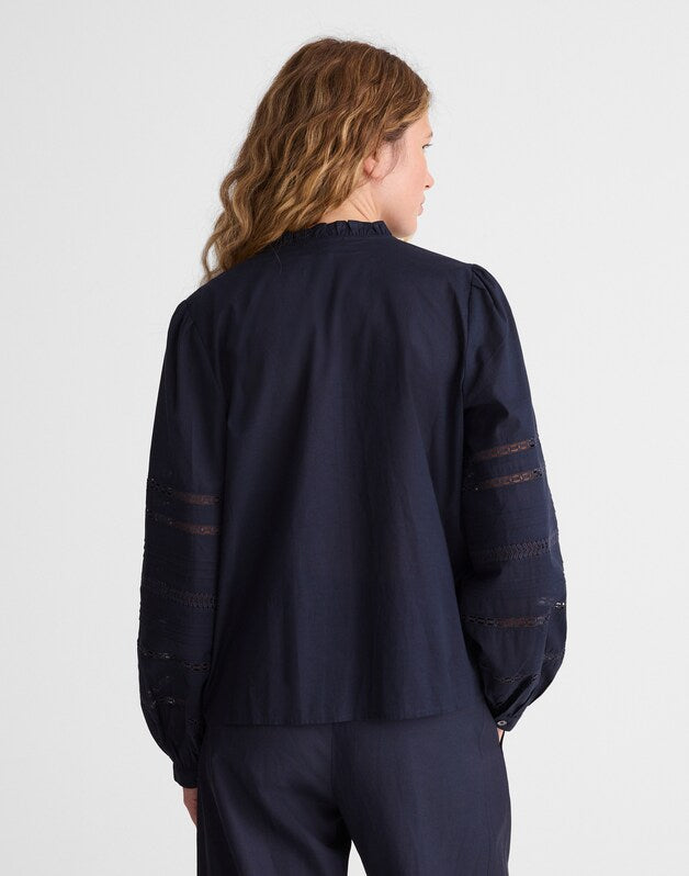 Lace-Insert High-Neck Pintuck Top CLASSIC NAVY