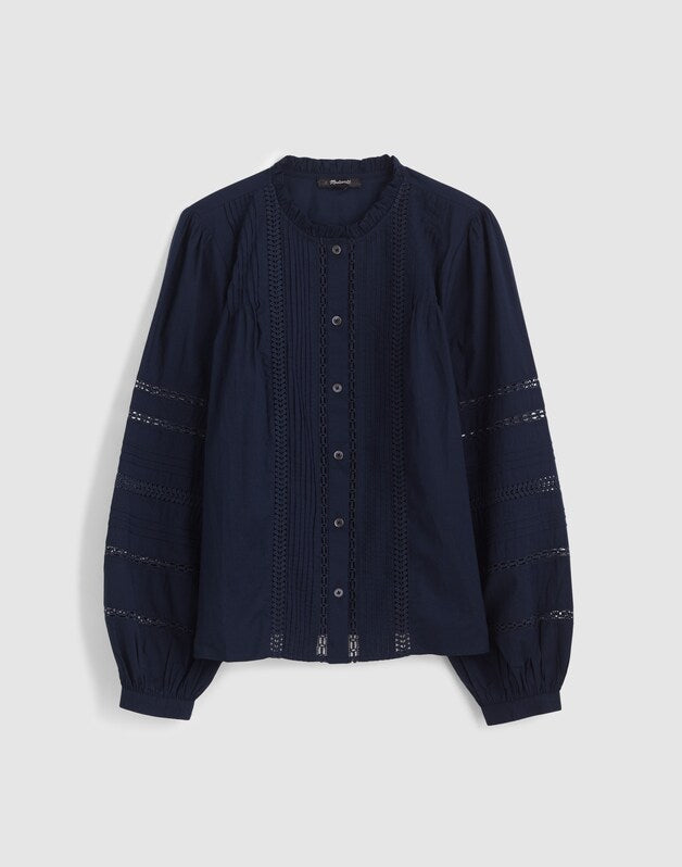 Lace-Insert High-Neck Pintuck Top CLASSIC NAVY