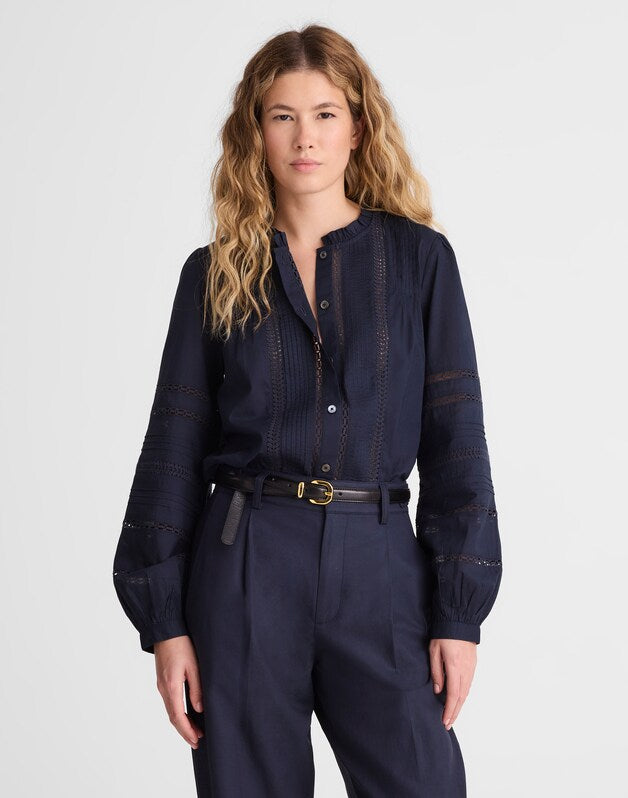 Lace-Insert High-Neck Pintuck Top CLASSIC NAVY
