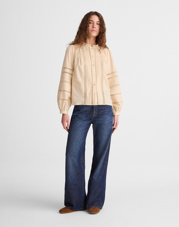 Lace-Insert High-Neck Pintuck Top PALE MARZIPAN
