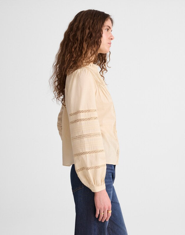Lace-Insert High-Neck Pintuck Top PALE MARZIPAN