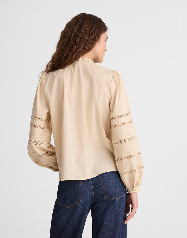 Lace-Insert High-Neck Pintuck Top PALE MARZIPAN