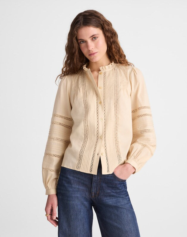 Lace-Insert High-Neck Pintuck Top PALE MARZIPAN