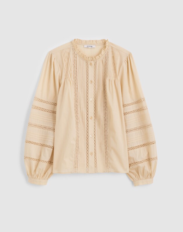 Lace-Insert High-Neck Pintuck Top PALE MARZIPAN