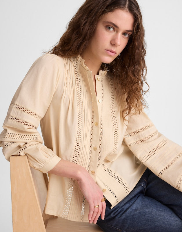 Lace-Insert High-Neck Pintuck Top PALE MARZIPAN