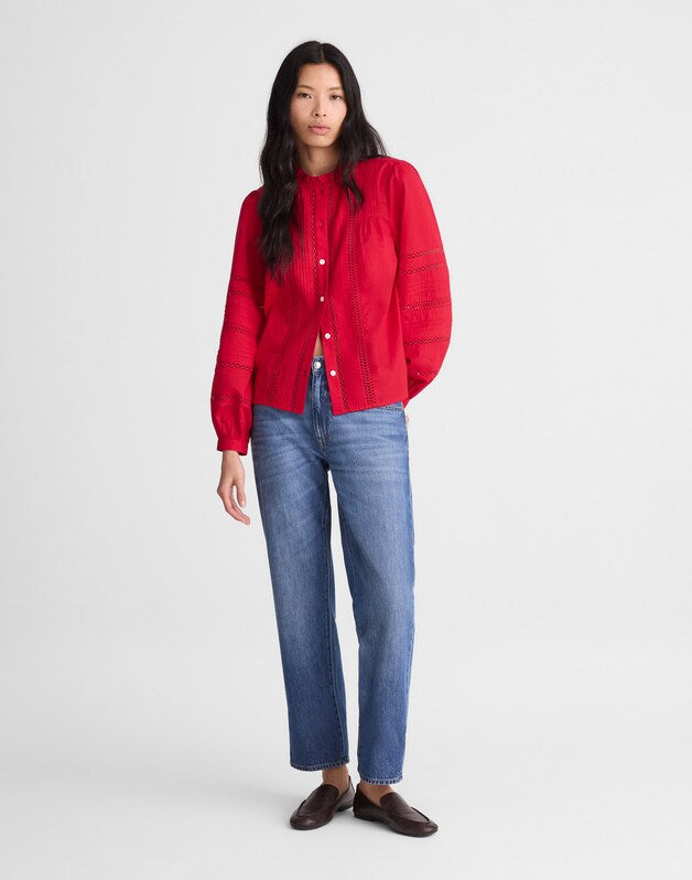 Lace-Insert High-Neck Pintuck Top CHERRY