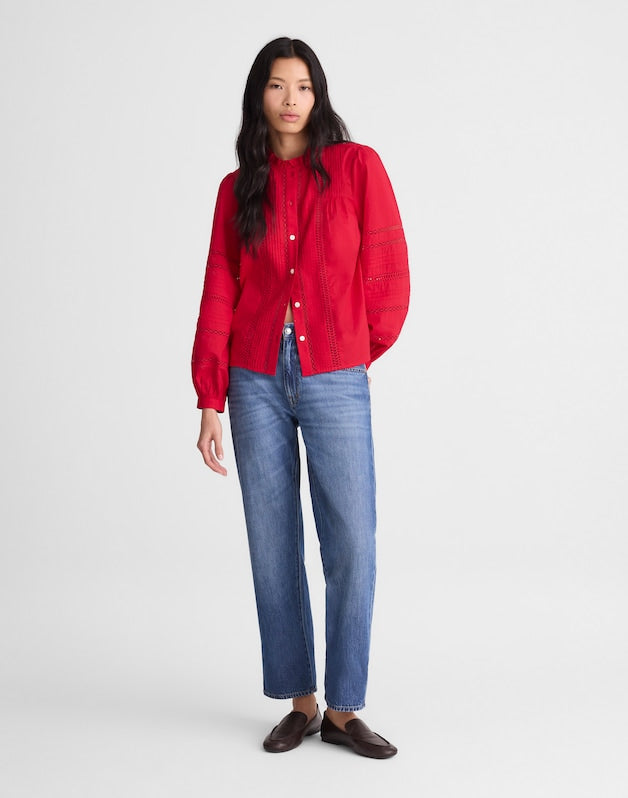 Lace-Insert High-Neck Pintuck Top CHERRY