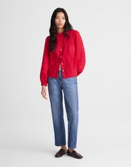 Lace-Insert High-Neck Pintuck Top CHERRY