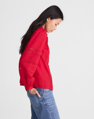 Lace-Insert High-Neck Pintuck Top CHERRY