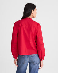 Lace-Insert High-Neck Pintuck Top CHERRY