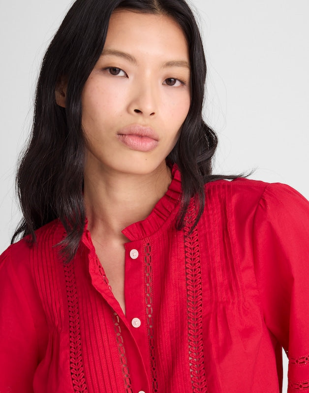 Lace-Insert High-Neck Pintuck Top CHERRY