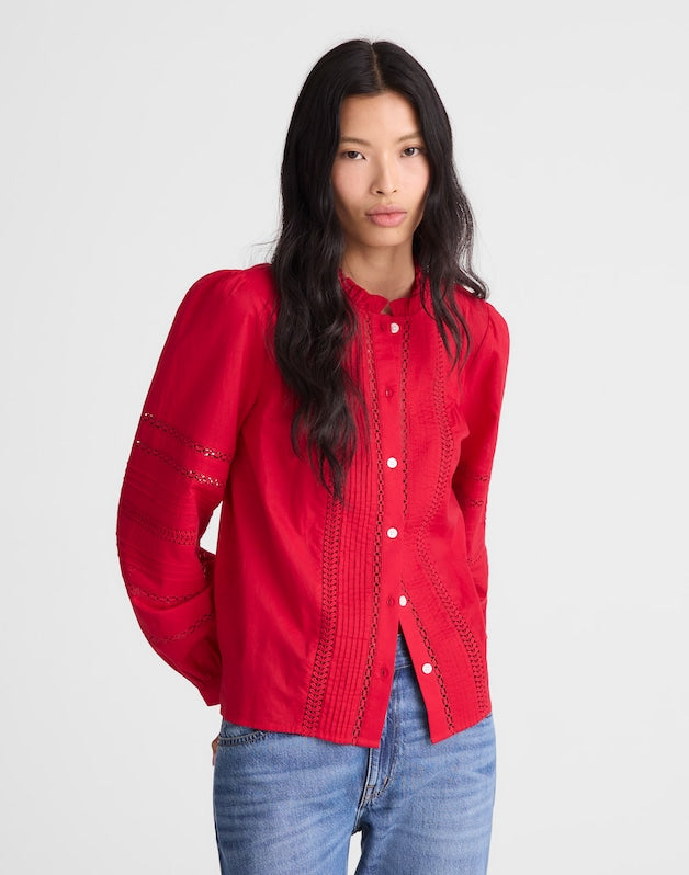 Lace-Insert High-Neck Pintuck Top CHERRY