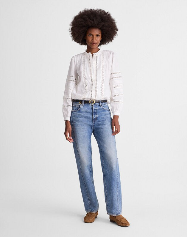 Lace-Insert High-Neck Pintuck Top WHITE