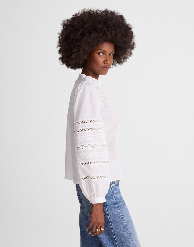 Lace-Insert High-Neck Pintuck Top WHITE