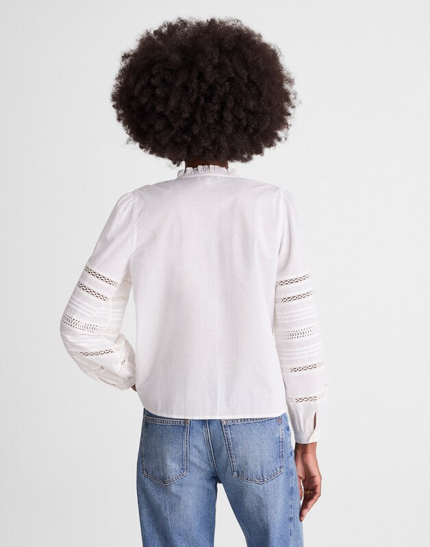 Lace-Insert High-Neck Pintuck Top WHITE