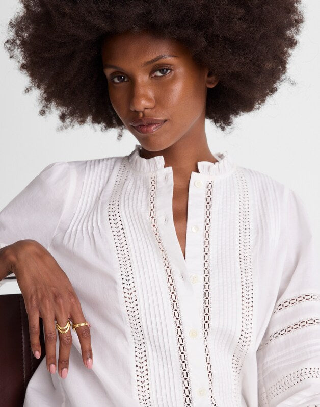 Lace-Insert High-Neck Pintuck Top WHITE