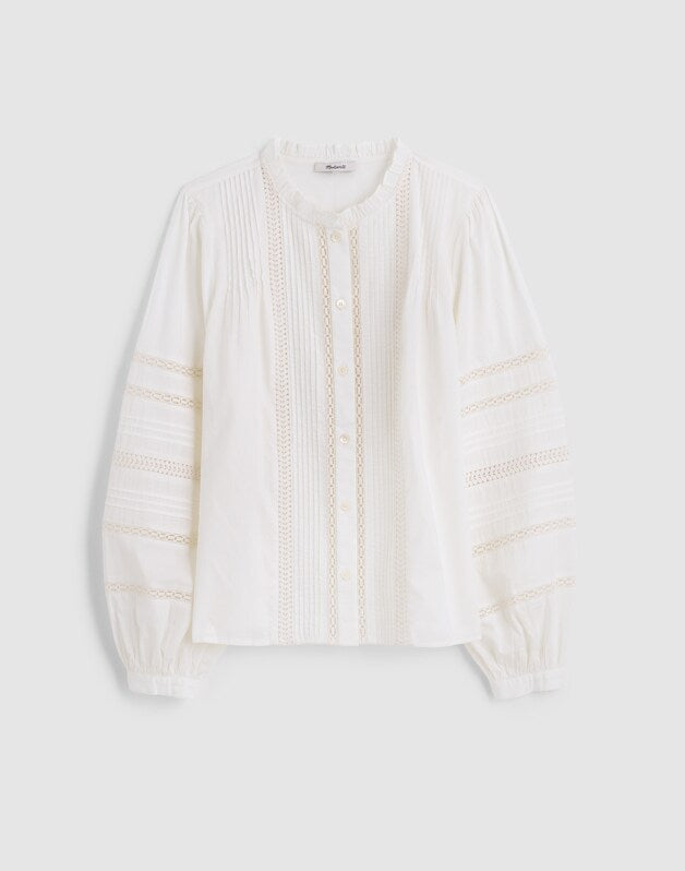 Lace-Insert High-Neck Pintuck Top WHITE