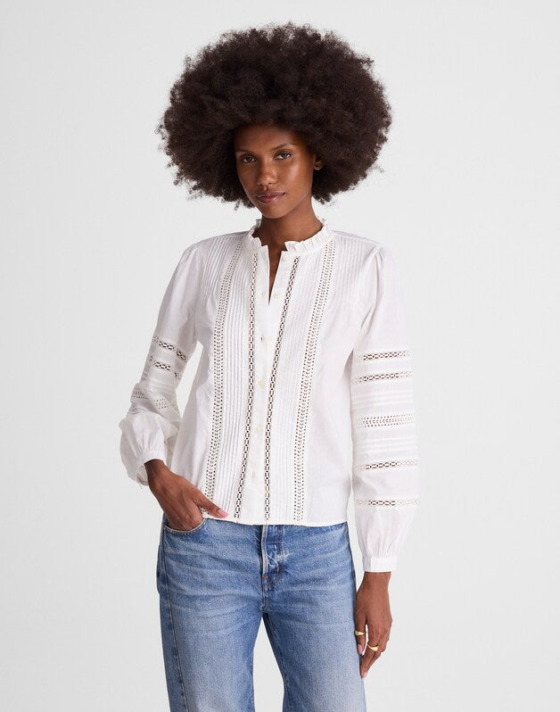 Lace-Insert High-Neck Pintuck Top WHITE