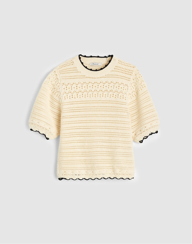 Textured Sweater Tee in 100% Cotton IVORY WITH BLACK TIPPING