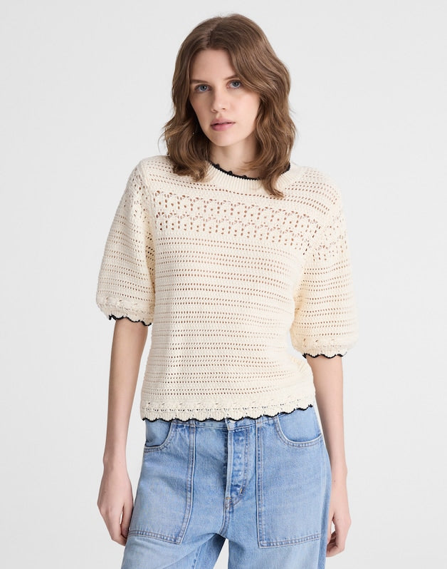 Textured Sweater Tee in 100% Cotton IVORY WITH BLACK TIPPING