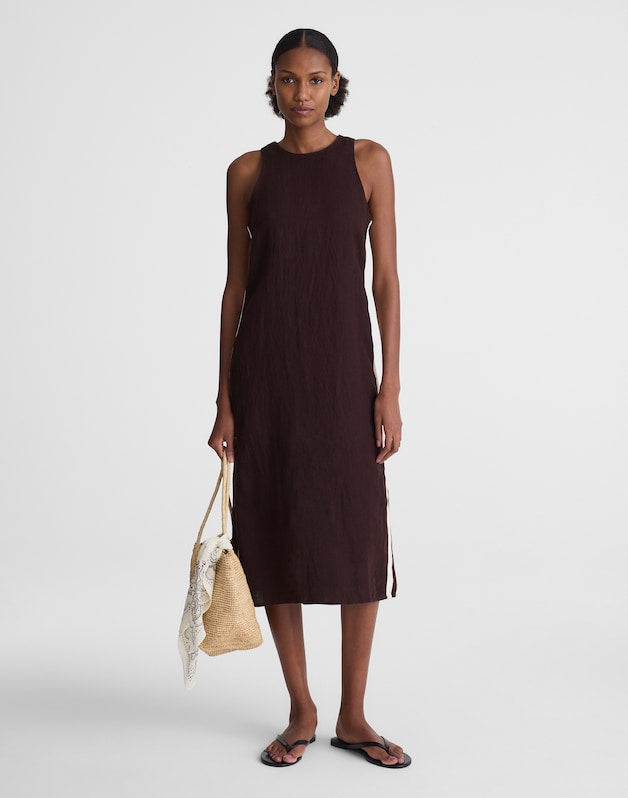 The Elena Midi Dress in 100% Linen COCOA