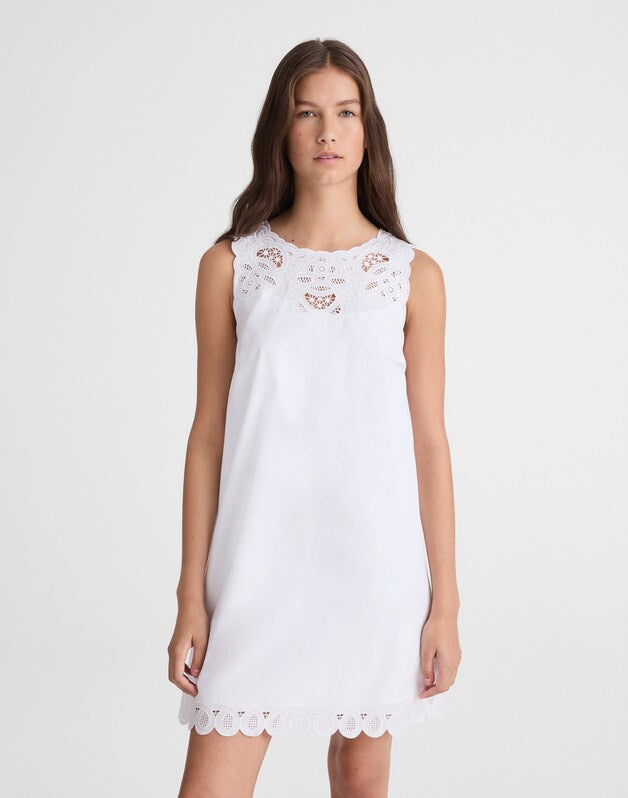 Embroidered Mini Shift Dress in Poplin WHITE