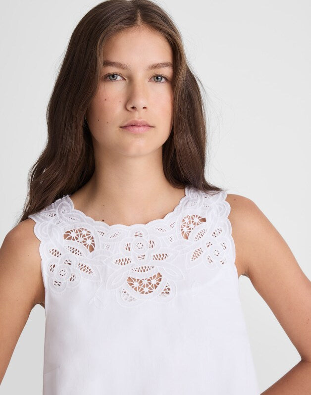 Embroidered Mini Shift Dress in Poplin WHITE