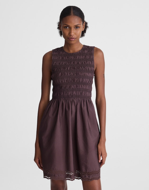The Embroidered Melody Smocked Mini Dress CHOCOLATE PLUM