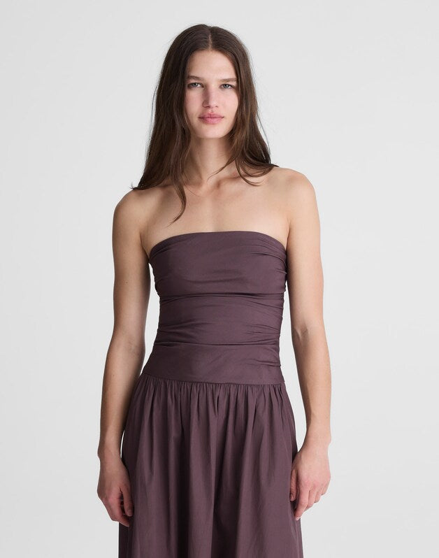 Strapless Ruched Midi Dress in Poplin CHOCOLATE PLUM