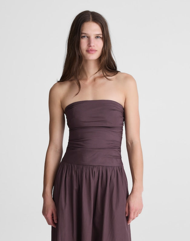 Strapless Ruched Midi Dress in Poplin CHOCOLATE PLUM