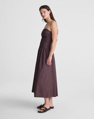 Strapless Ruched Midi Dress in Poplin CHOCOLATE PLUM