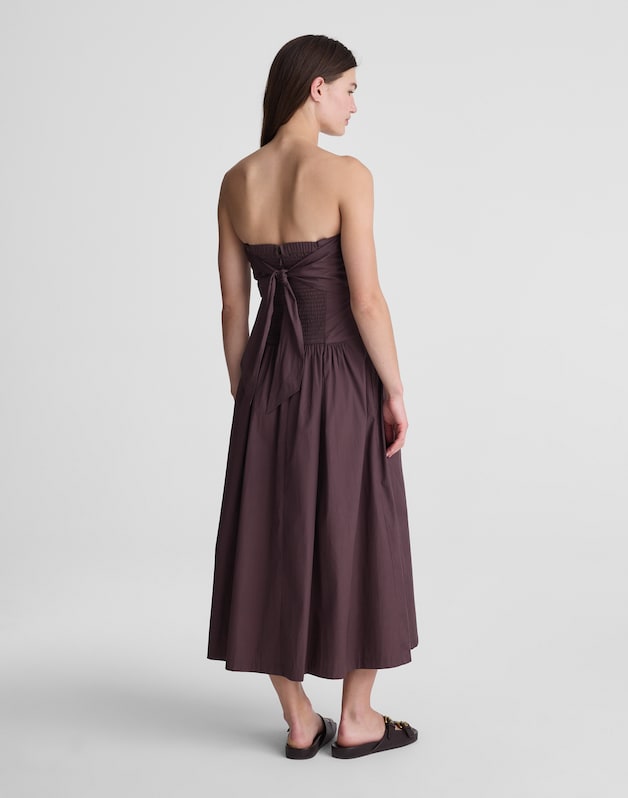 Strapless Ruched Midi Dress in Poplin CHOCOLATE PLUM