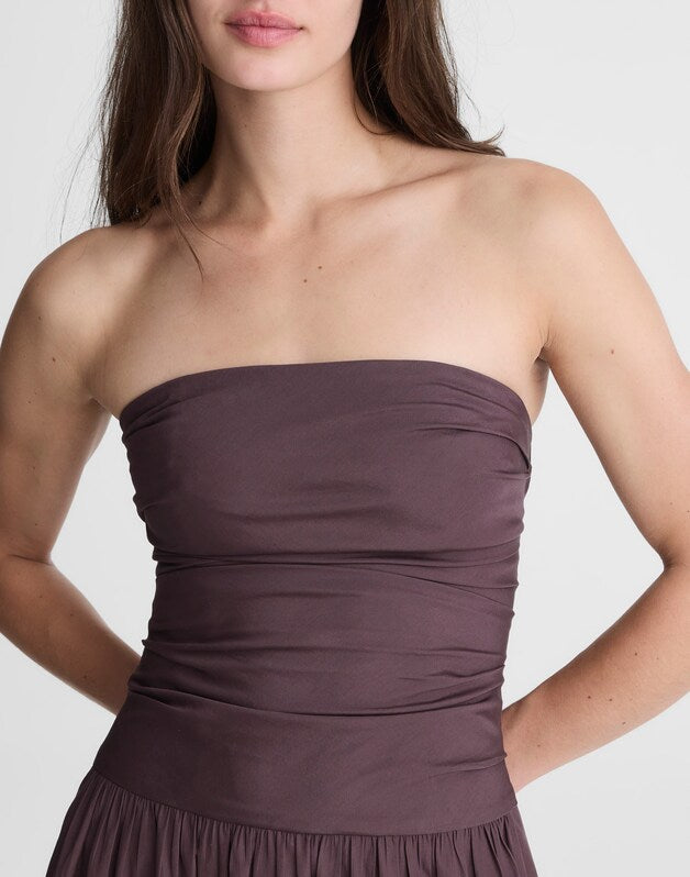 Strapless Ruched Midi Dress in Poplin CHOCOLATE PLUM