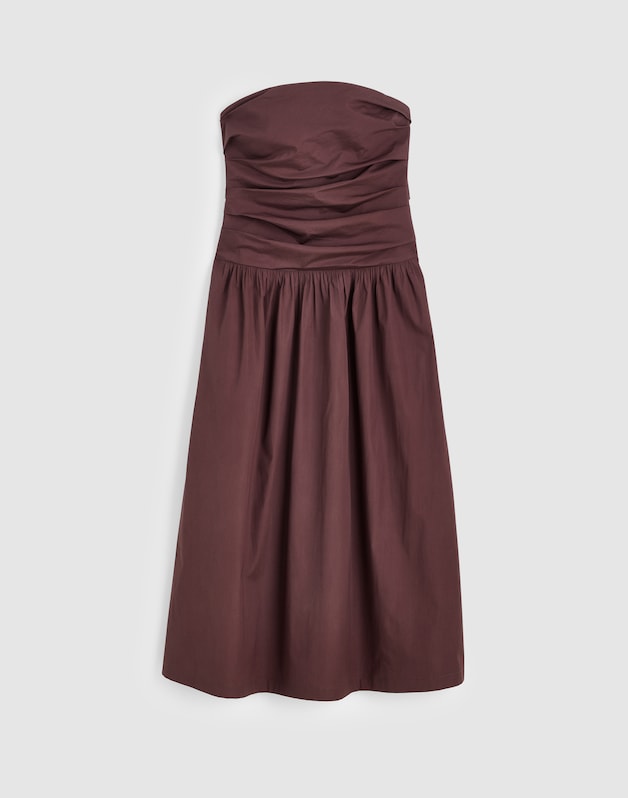 Strapless Ruched Midi Dress in Poplin CHOCOLATE PLUM