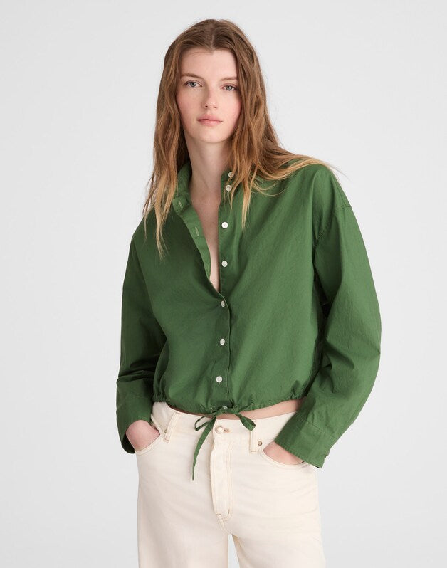 Drawstring Button-Up Shirt in Poplin GARDEN GREEN