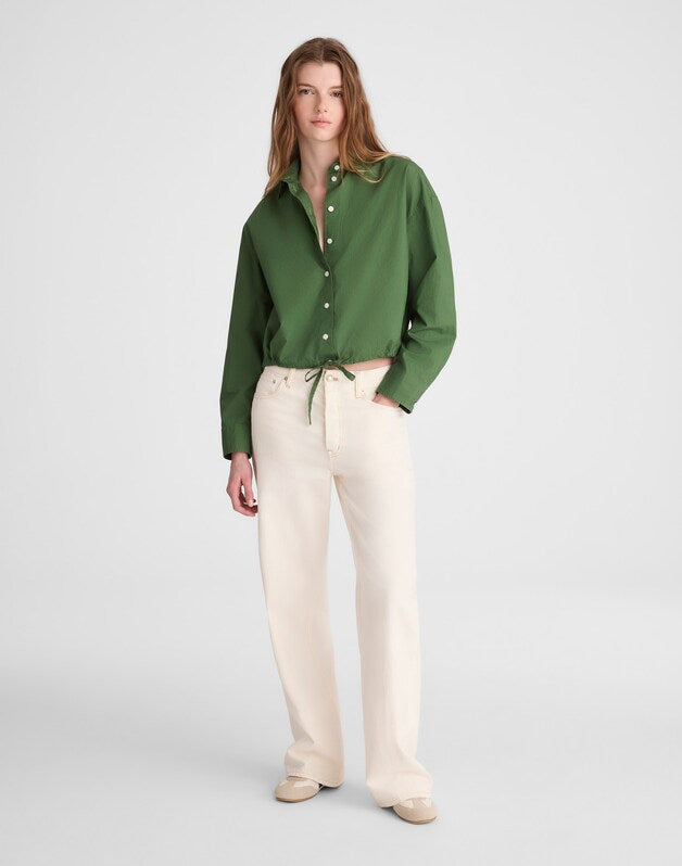 Drawstring Button-Up Shirt in Poplin GARDEN GREEN