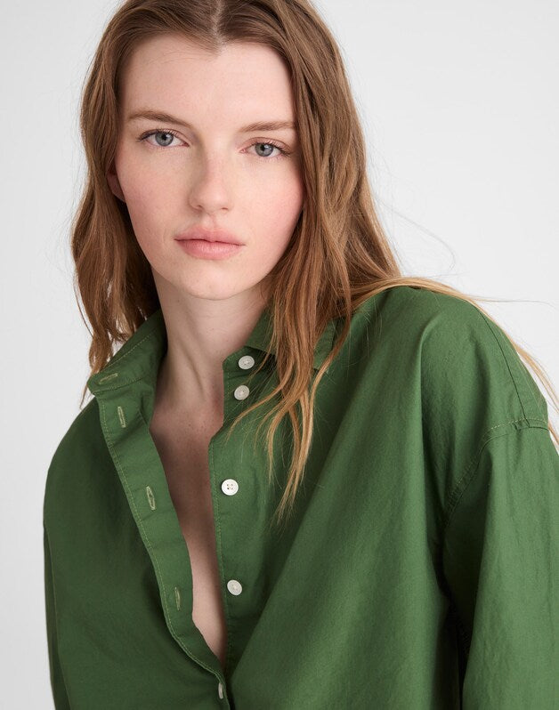 Drawstring Button-Up Shirt in Poplin GARDEN GREEN