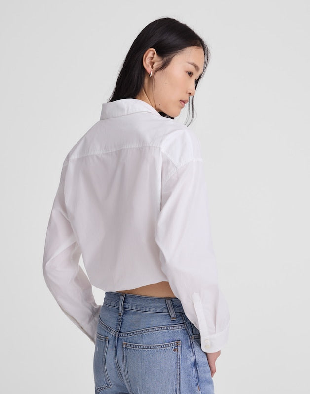 Drawstring Button-Up Shirt in Poplin WHITE