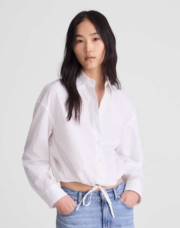 Drawstring Button-Up Shirt in Poplin WHITE