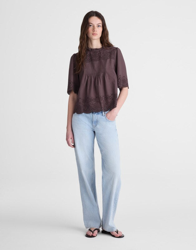 Embroidered Pintuck High-Neck Top CHOCOLATE PLUM