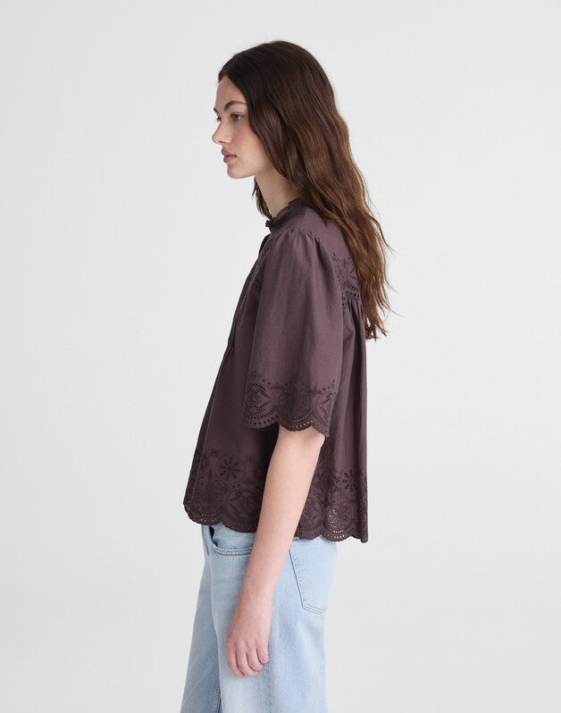 Embroidered Pintuck High-Neck Top CHOCOLATE PLUM