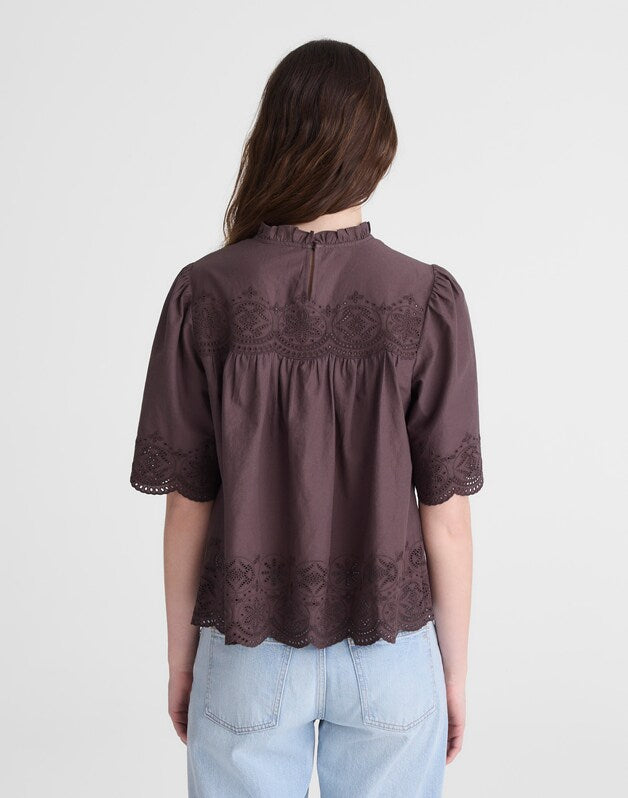 Embroidered Pintuck High-Neck Top CHOCOLATE PLUM
