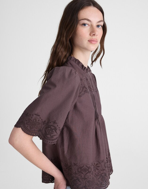 Embroidered Pintuck High-Neck Top CHOCOLATE PLUM
