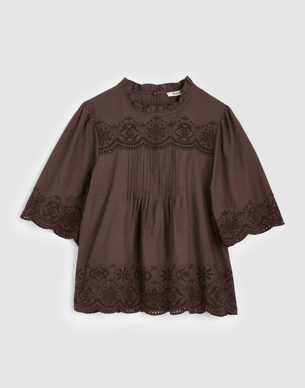 Embroidered Pintuck High-Neck Top CHOCOLATE PLUM