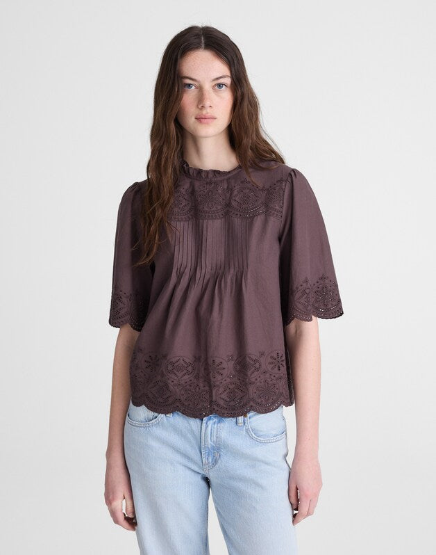 Embroidered Pintuck High-Neck Top CHOCOLATE PLUM